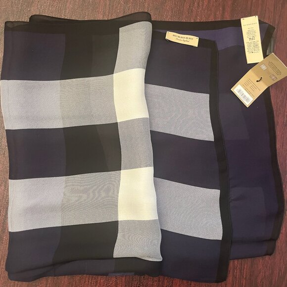 NWT Burberry Indigo Blue Satin Silk Check Scarf - Picture 1 of 6